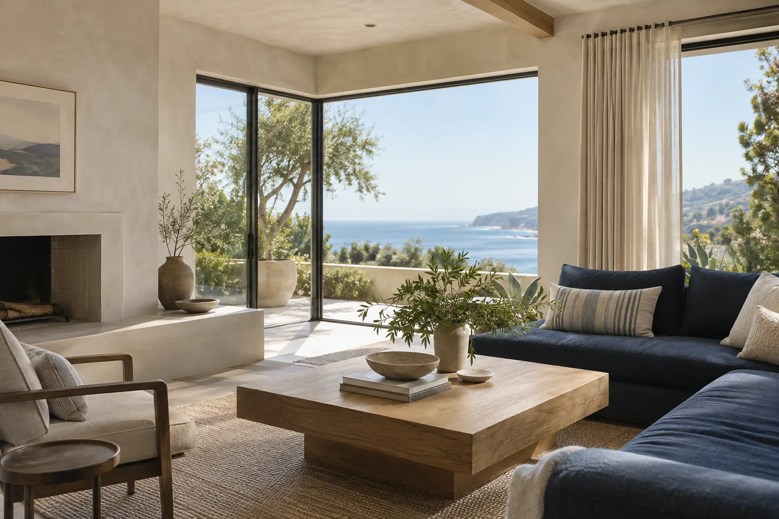 Illustrative coastal living room with navy cushions and a terrace view.