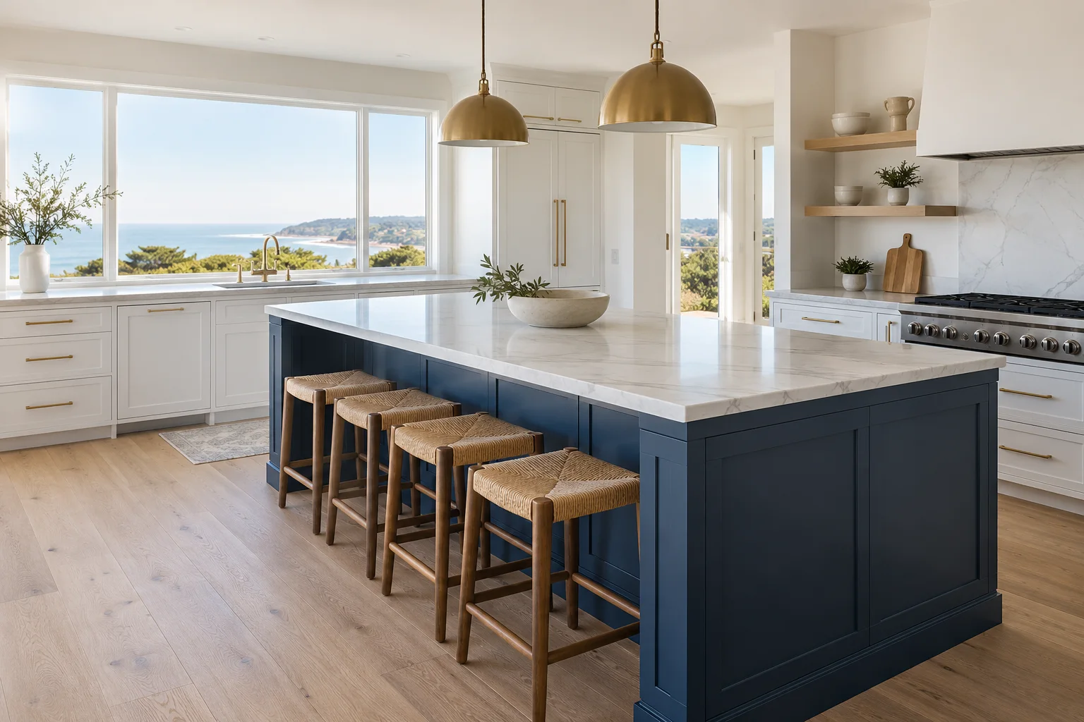 Illustrative home kitchen with white cabinets and a navy island.